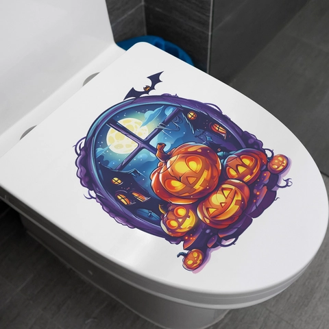 Halloween Pumpkin Toilet Lid Sticker Waterproof PVC Decal Festive Jack-O'-Lantern Bat Moon Pattern For Bathroom Toilet Decor