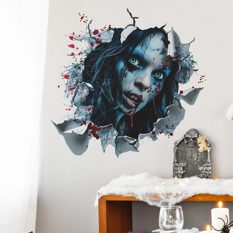 Adesivo da Parete 3D Horror di Halloween Ragazza Zombie che Rompe il Muro Decalcomania in PVC per Camera da Letto Soggiorno Decorazione Casa
