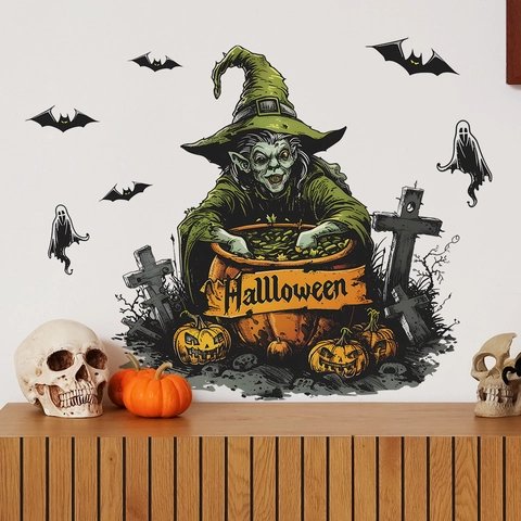Halloween Witch Wall Stickers PVC Bat Ghost Pumpkin Removable Wall Decals For Living Room Bedroom Holiday Home Decoration