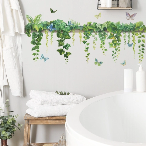 Grüne Pflanzenblätter Schmetterling Wandaufkleber PVC Selbstklebend Wasserdicht Wandtattoo Für Wohnzimmer Schlafzimmer Wanddekoration