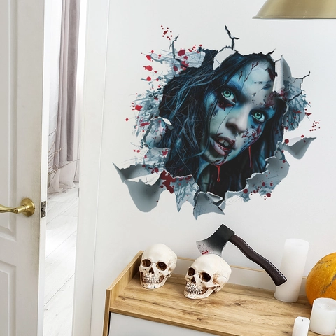 Adesivo da Parete 3D Horror di Halloween Ragazza Zombie che Rompe il Muro Decalcomania in PVC per Camera da Letto Soggiorno Decorazione Casa