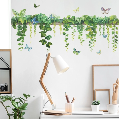 Grüne Pflanzenblätter Schmetterling Wandaufkleber PVC Selbstklebend Wasserdicht Wandtattoo Für Wohnzimmer Schlafzimmer Wanddekoration