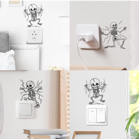 Adesivo per Interruttore a Forma di Teschio Elettroshock di Halloween Divertente Scheletro Decorazione Parete in PVC Fai da Te