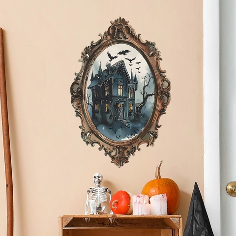 Vintage Halloween Geisterschloss Wandaufkleber Retro Gothisch Spiegelrahmen PVC Dekor Für Schlafzimmer Wohnzimmer Party Deko