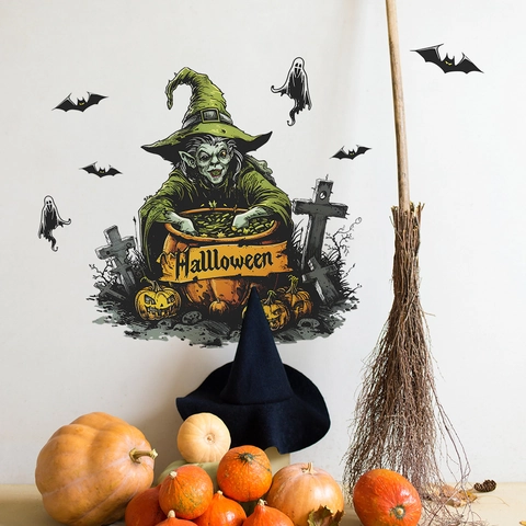 Halloween Witch Wall Stickers PVC Bat Ghost Pumpkin Removable Wall Decals For Living Room Bedroom Holiday Home Decoration