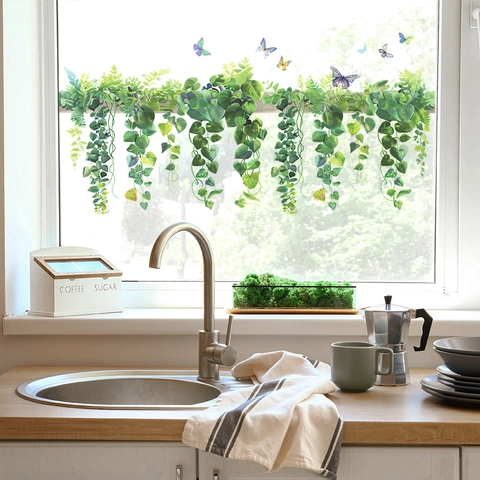 Adesivo da Parete con Viti di Piante Verdi e Farfalle in PVC Decalcomania per Decorazione Cucina Camera da Letto Soggiorno