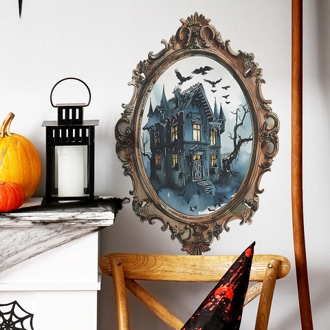 Vintage Halloween Geisterschloss Wandaufkleber Retro Gothisch Spiegelrahmen PVC Dekor Für Schlafzimmer Wohnzimmer Party Deko