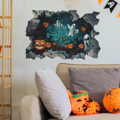 3D Halloween Wandsticker Loch In Der Wand Geist Kürbis Fledermaus Abnehmbare PVC Aufkleber Für Wohnzimmer Schlafzimmer Deko