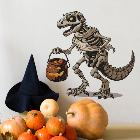 Halloween Mummie Dinosaurus Muursticker Cartoon T-Rex Skelet Met Pompoen Mand PVC Zelfklevende Sticker Voor Kinderkamer Decoratie