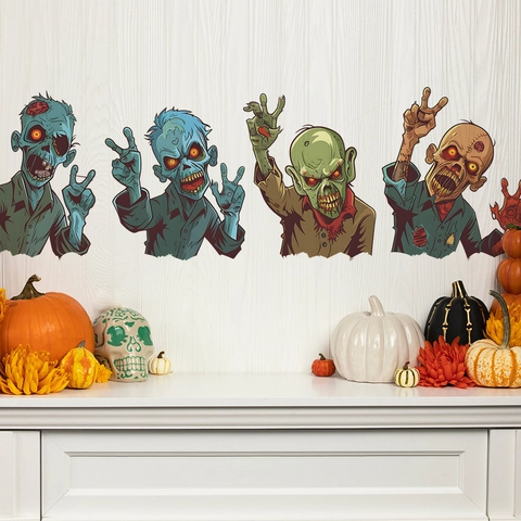 Σετ Αυτοκόλλητα Τοίχου Halloween Cartoon Zombie PVC Αδιάβροχα Αφαιρούμενα Αυτοκόλλητα Τοίχου Φάντασμα για Κουζίνα Υπνοδωμάτιο Σαλόνι