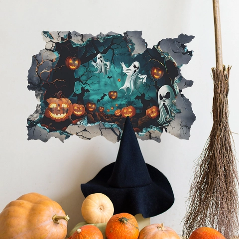 3D Halloween Wandsticker Loch In Der Wand Geist Kürbis Fledermaus Abnehmbare PVC Aufkleber Für Wohnzimmer Schlafzimmer Deko