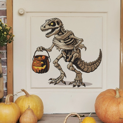 Halloween Mummie Dinosaurus Muursticker Cartoon T-Rex Skelet Met Pompoen Mand PVC Zelfklevende Sticker Voor Kinderkamer Decoratie