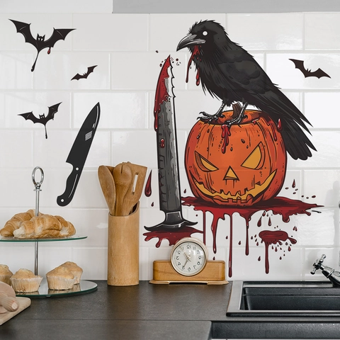 Halloween Muursticker PVC Horror Kraai Op Pompoen Met Bloedspatten En Vleermuizen Voor Huis Slaapkamer Woonkamer Decoratie
