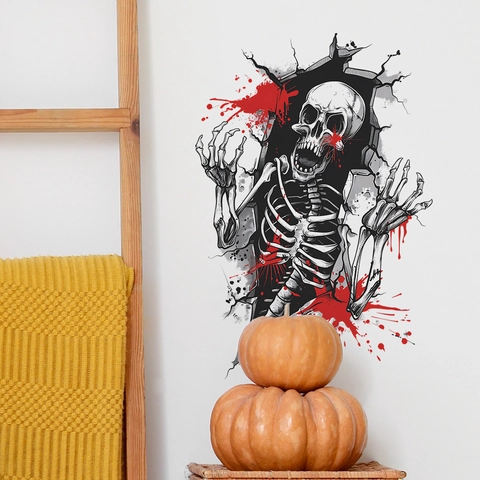 Pegatina de Pared de Halloween 3D Pared Rota Esqueleto Cráneo Salpicaduras de Sangre Realista PVC Autoadhesiva Calcomanía de Decoración del Hogar