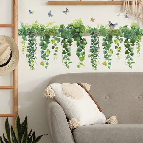 Adesivo da Parete con Viti di Piante Verdi e Farfalle in PVC Decalcomania per Decorazione Cucina Camera da Letto Soggiorno