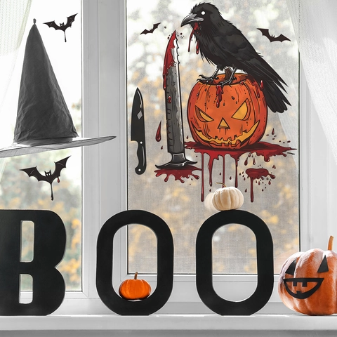 Halloween Muursticker PVC Horror Kraai Op Pompoen Met Bloedspatten En Vleermuizen Voor Huis Slaapkamer Woonkamer Decoratie