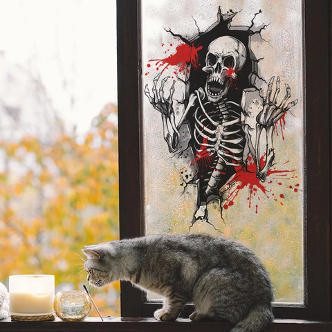 Pegatina de Pared de Halloween 3D Pared Rota Esqueleto Cráneo Salpicaduras de Sangre Realista PVC Autoadhesiva Calcomanía de Decoración del Hogar