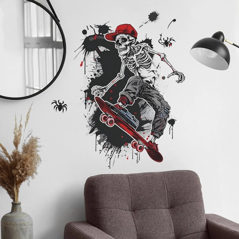 Sticker Mural Squelette Skateur Street Art Halloween PVC Mural Amovible pour Chambre Salon Décoration de la Maison Graffiti Autocollant