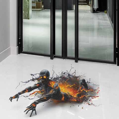 Halloween 3D Broken Wall Flame Zombie Mural PVC Removable Horror Monster Decal For Living Room Bedroom Festive Decoration