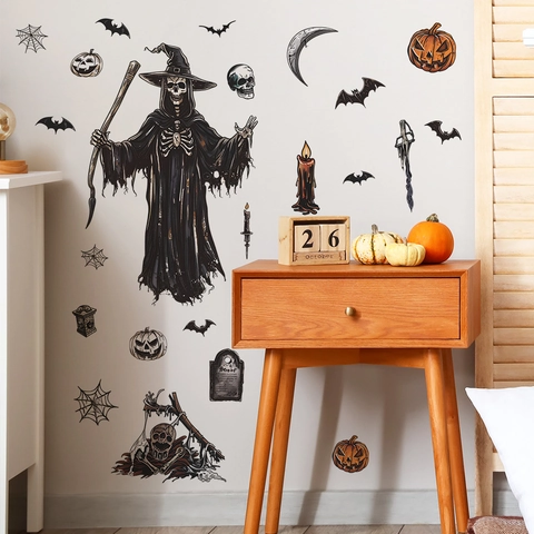 Halloween Wandaufkleber PVC Gothic Sensenmann Kürbis Fledermaus Grabstein Gruselige Wandtattoos Für Wohnzimmer Schlafzimmer Deko