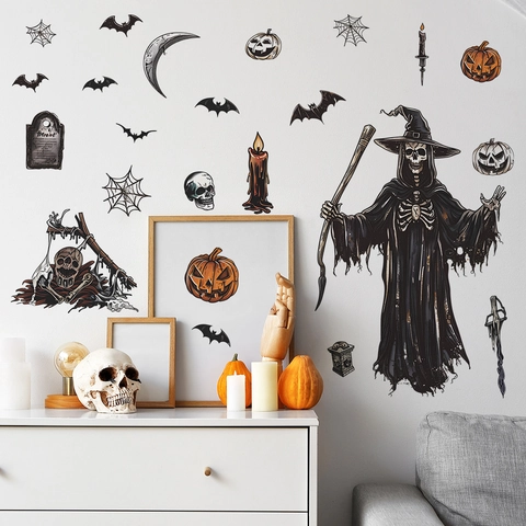 Halloween Wandaufkleber PVC Gothic Sensenmann Kürbis Fledermaus Grabstein Gruselige Wandtattoos Für Wohnzimmer Schlafzimmer Deko