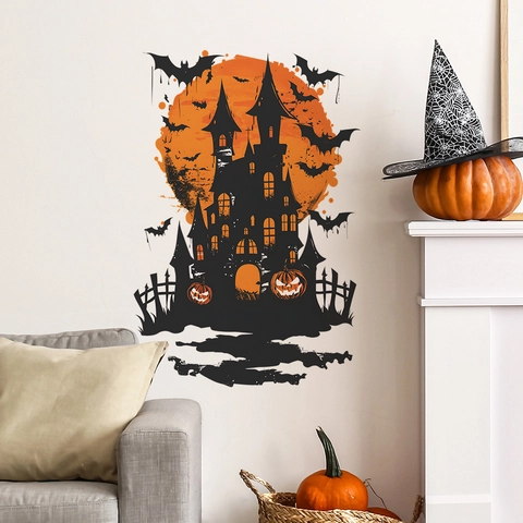 Halloween Μαύρο Κάστρο Νυχτερίδα Αυτοκόλλητο Τοίχου PVC Διακοσμητικό Πορτοκαλί Φεγγάρι Κολοκύθα για Κρεβατοκάμαρα Καθιστικό