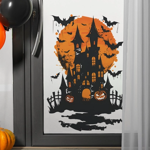 Halloween Μαύρο Κάστρο Νυχτερίδα Αυτοκόλλητο Τοίχου PVC Διακοσμητικό Πορτοκαλί Φεγγάρι Κολοκύθα για Κρεβατοκάμαρα Καθιστικό