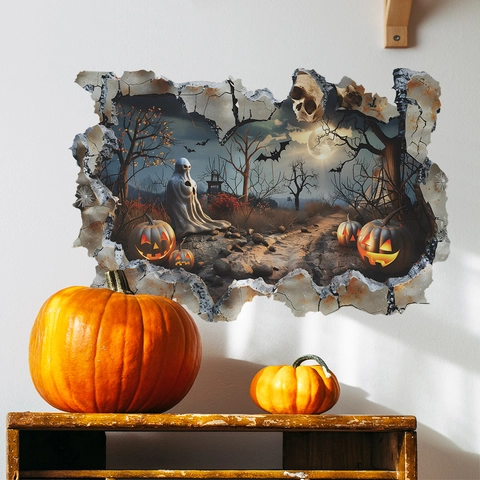 3D Αυτοκόλλητο Halloween Σπασμένος Τοίχος Με Κολοκύθα Φάντασμα Νυχτερίδα Κρανίο για Καθιστικό Κρεβατοκάμαρα Αυτοκόλλητο PVC