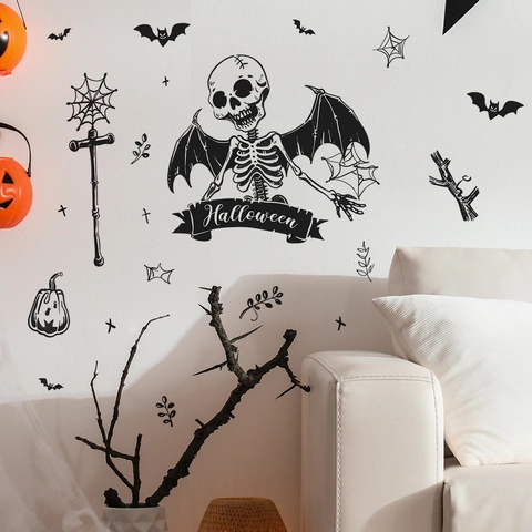 Halloween Winged Skull Wall Stickers PVC Self Adhesive Window Decals Bats Spider Web Gothic Party Home Decor