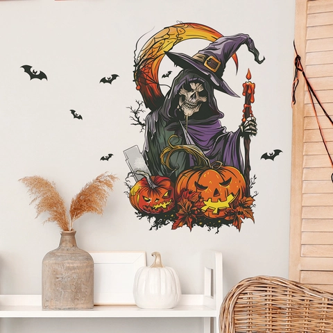 Adesivo da Parete Mago Scheletro Halloween Adesivo PVC Removibile per Camera da Letto Soggiorno Mago Spaventoso Zucca Pipistrello Luna Decor