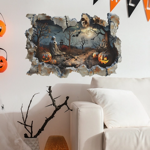 3D Αυτοκόλλητο Halloween Σπασμένος Τοίχος Με Κολοκύθα Φάντασμα Νυχτερίδα Κρανίο για Καθιστικό Κρεβατοκάμαρα Αυτοκόλλητο PVC