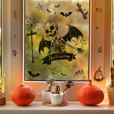 Halloween Winged Skull Wall Stickers PVC Self Adhesive Window Decals Bats Spider Web Gothic Party Home Decor