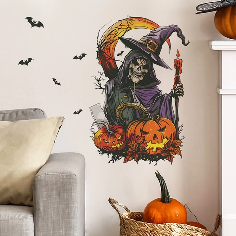Adesivo da Parete Mago Scheletro Halloween Adesivo PVC Removibile per Camera da Letto Soggiorno Mago Spaventoso Zucca Pipistrello Luna Decor