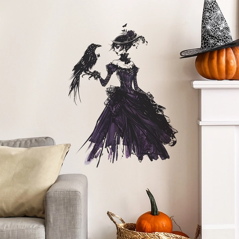 Gothic Halloween Wall Sticker Purple Queen With Crow Self-Adhesive PVC Decal For Bedroom Living Room Background Decor