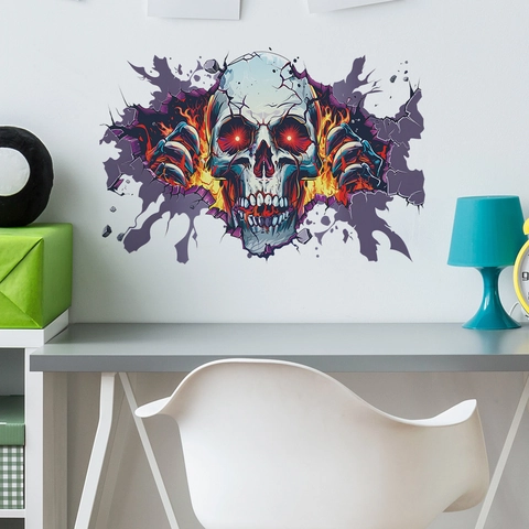 Halloween Fire Skull Wall Sticker Broken Wall 3D Effect PVC Decal For Bedroom Living Room Party Decoration Horror Theme