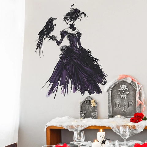 Gothic Halloween Wall Sticker Purple Queen With Crow Self-Adhesive PVC Decal For Bedroom Living Room Background Decor