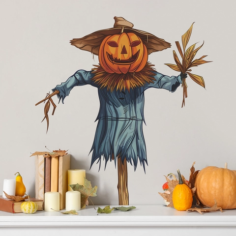 Halloween Cartoon Kürbis Kopf Vogelscheuche PVC Dekorative Wandsticker Für Glasfenster Hintergrund Selbstklebend Festlicher Aufkleber