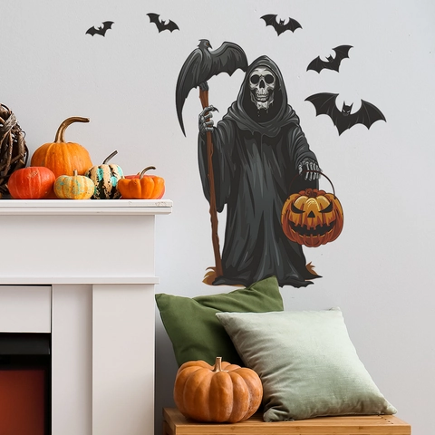 Halloween Grim Reaper Wall Sticker With Scythe Pumpkin And Bats PVC Removable Home Decor Halloween Party Wall Decal Decor