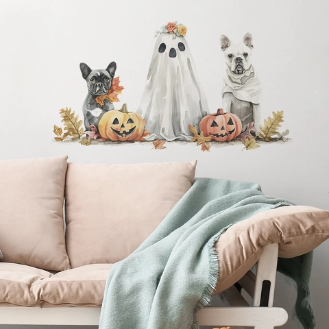 Halloween Geist Französische Bulldogge Wandtattoo Aquarell Kürbis Ahornblatt PVC Abnehmbarer Aufkleber Für Wohnzimmer Kinder