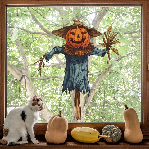 Halloween Cartoon Kürbis Kopf Vogelscheuche PVC Dekorative Wandsticker Für Glasfenster Hintergrund Selbstklebend Festlicher Aufkleber