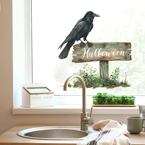 Halloween Crow Wooden Sign Wall Sticker Realistic Watercolor Crow PVC Removable Decal For Bedroom Door Window Decor