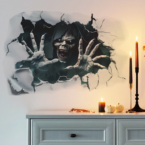 Adhesivo de Pared 3D Halloween Segador Aterrador Pared Rota Terror Cráneo PVC Autoadhesivo Mural Para Decoración Sala de Estar
