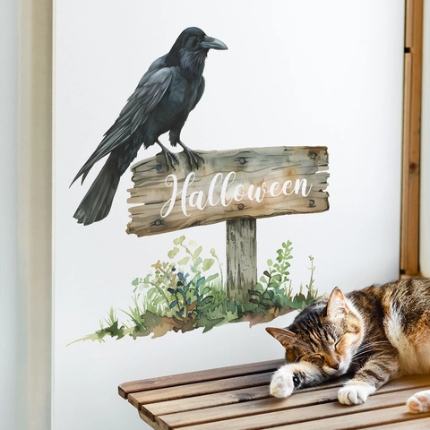 Halloween Crow Wooden Sign Wall Sticker Realistic Watercolor Crow PVC Removable Decal For Bedroom Door Window Decor