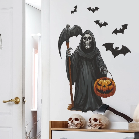 Halloween Grim Reaper Wall Sticker With Scythe Pumpkin And Bats PVC Removable Home Decor Halloween Party Wall Decal Decor