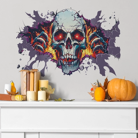 Halloween Feuer Totenkopf Wandaufkleber Mauerbruch 3D Effekt PVC Aufkleber Für Schlafzimmer Wohnzimmer Party Deko Horror