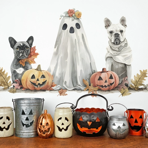 Halloween Geist Französische Bulldogge Wandtattoo Aquarell Kürbis Ahornblatt PVC Abnehmbarer Aufkleber Für Wohnzimmer Kinder