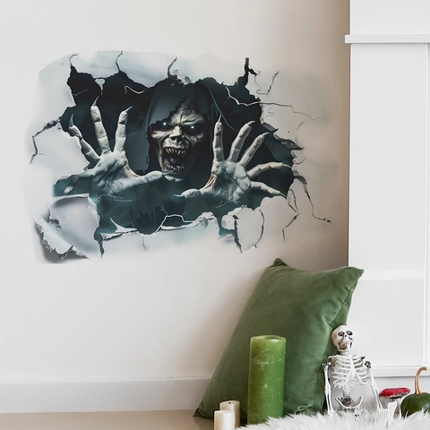 Adhesivo de Pared 3D Halloween Segador Aterrador Pared Rota Terror Cráneo PVC Autoadhesivo Mural Para Decoración Sala de Estar