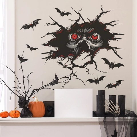 Halloween Horror Red Eyes Broken Wall Wall Sticker PVC Bat DIY Decal For Bedroom Living Room Home Party Holiday Decor