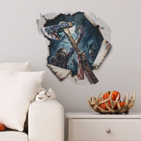 Halloween 3D Zombie Durchbrochene Wand Aufkleber Horror Blutige Axt PVC Selbstklebend Wandtattoo Für Wohnzimmer Schlafzimmer Party Deko