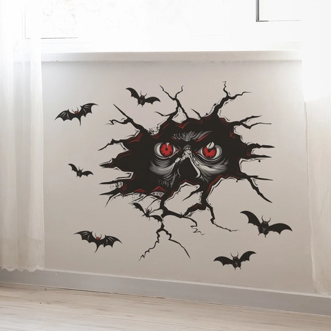 Halloween Horror Red Eyes Broken Wall Wall Sticker PVC Bat DIY Decal For Bedroom Living Room Home Party Holiday Decor